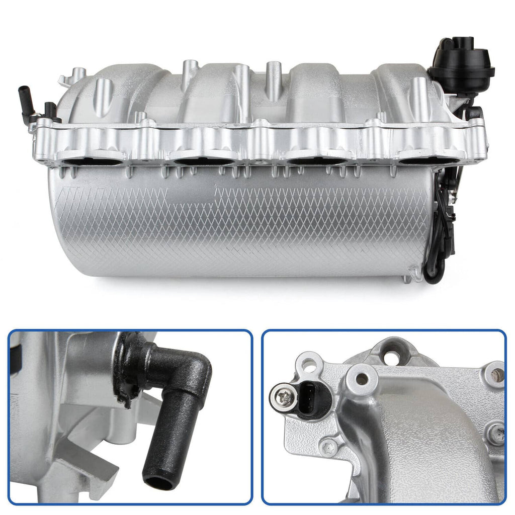 Intake manifold assembly, silver with mounting brackets and side vacuum fitting