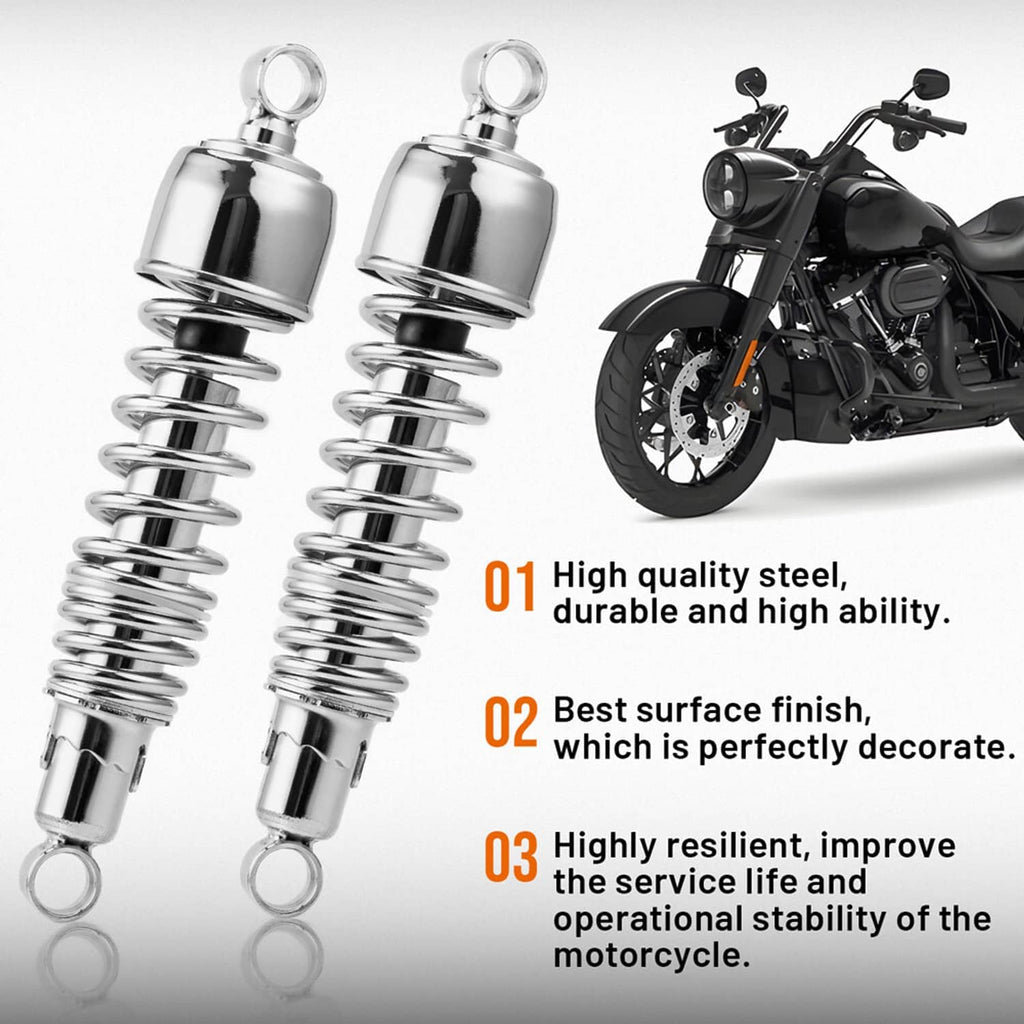 Chrome rear shock absorber pair with coiled springs and mounting rings, shown with motorcycle