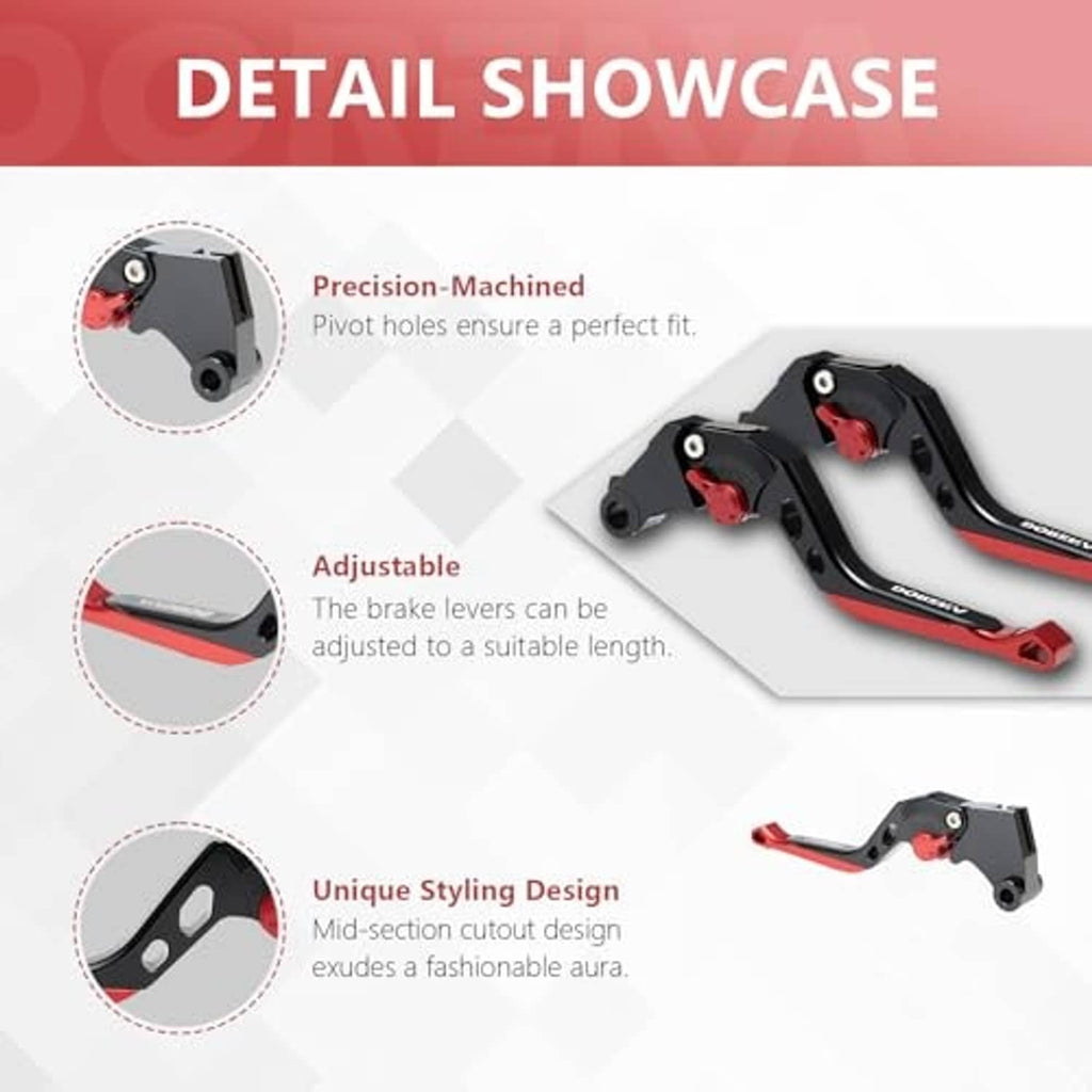 Close-up of motorcycle brake and clutch levers, black arms with red pivot adjusters