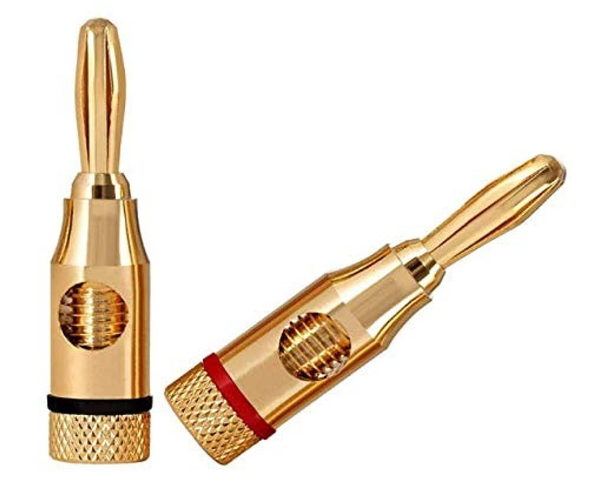 Gold-plated speaker banana plug set with knurled grip, red insulator, open screw