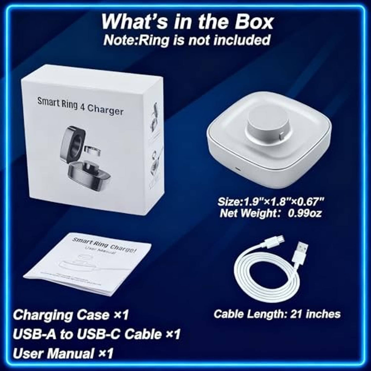 Smart ring charger kit: white charging case, USB-A to USB-C cable, user manual, box contents