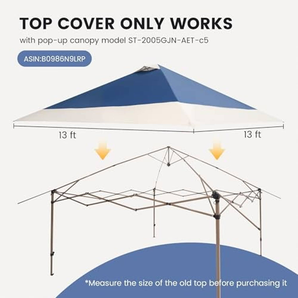Navy blue replacement canopy top with white underside panel shown over 13 ft frame