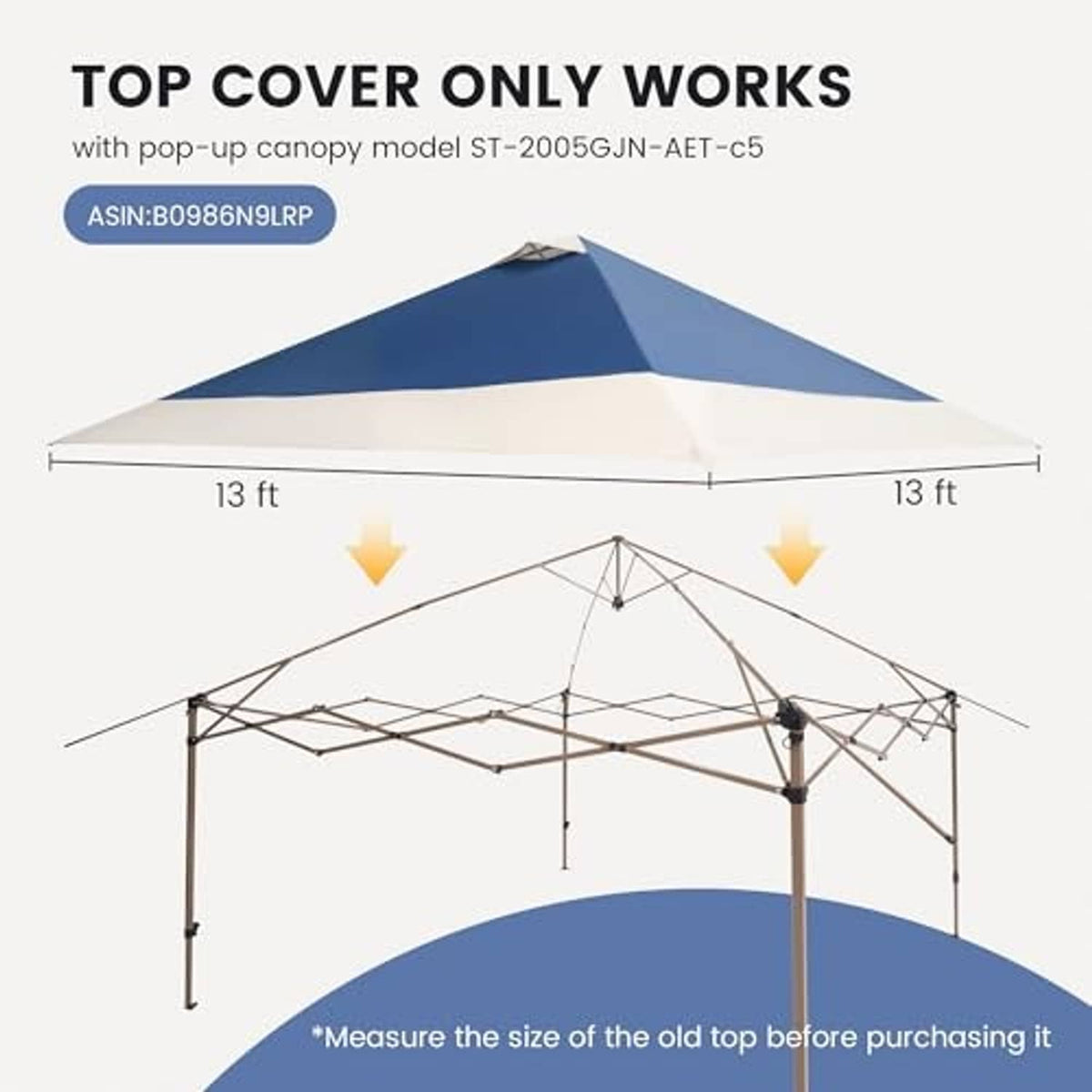 Navy blue replacement canopy top with white underside panel shown over 13 ft frame
