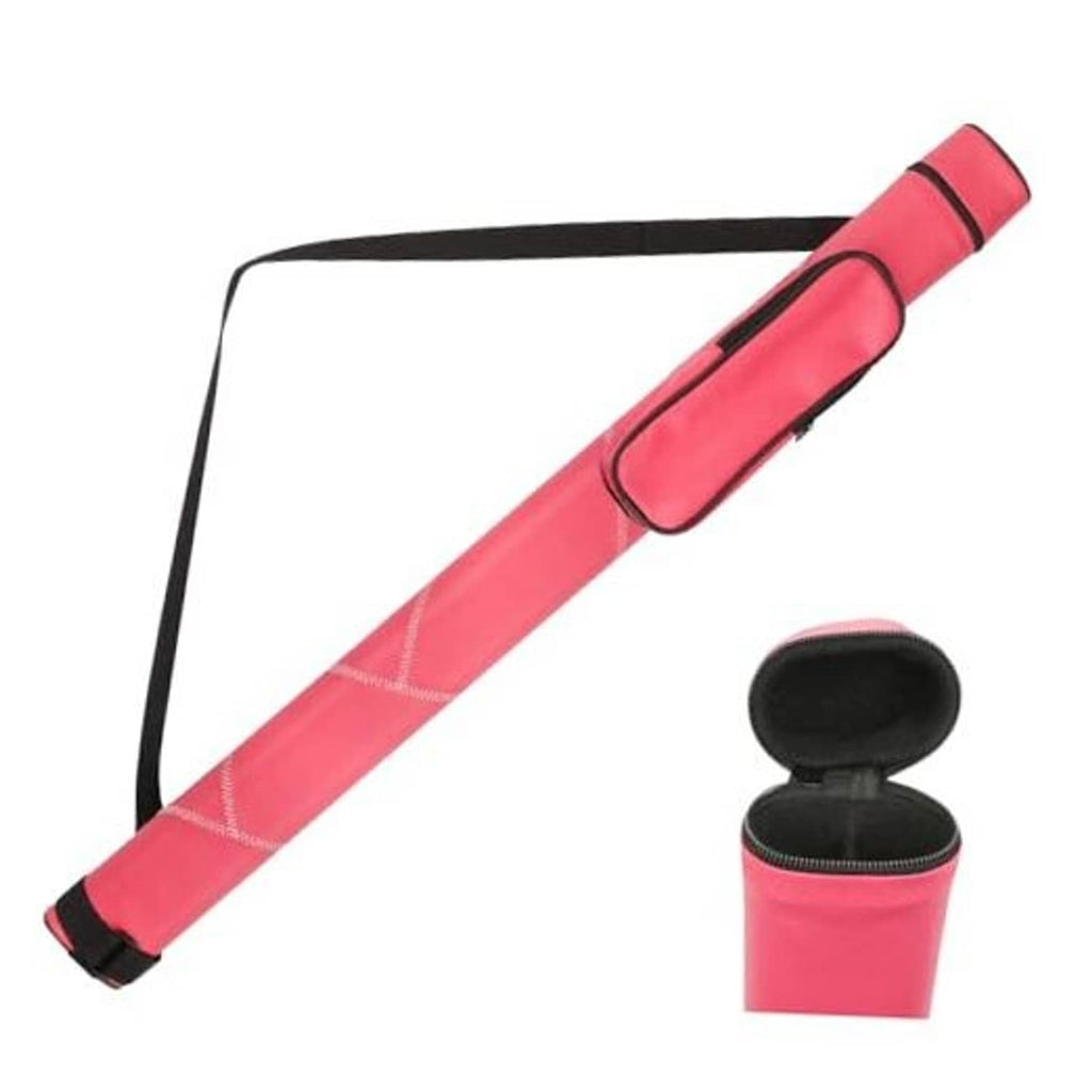 Red hard pool cue case with black zipper and padded end tube, 1-cue size.