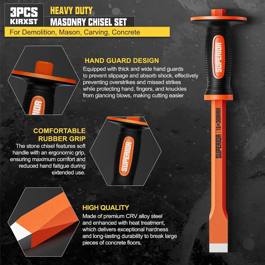 Masonry chisel with hand guard and rubber grip, orange-and-black handle, steel tip