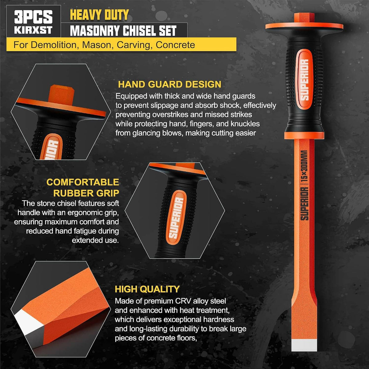 Masonry chisel with hand guard and rubber grip, orange-and-black handle, steel tip