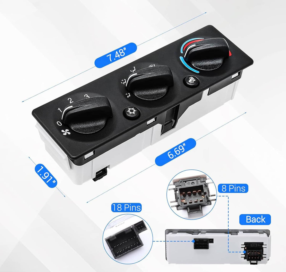 Truck A/C climate control module panel with 3 knobs and blue/red temperature ring detail