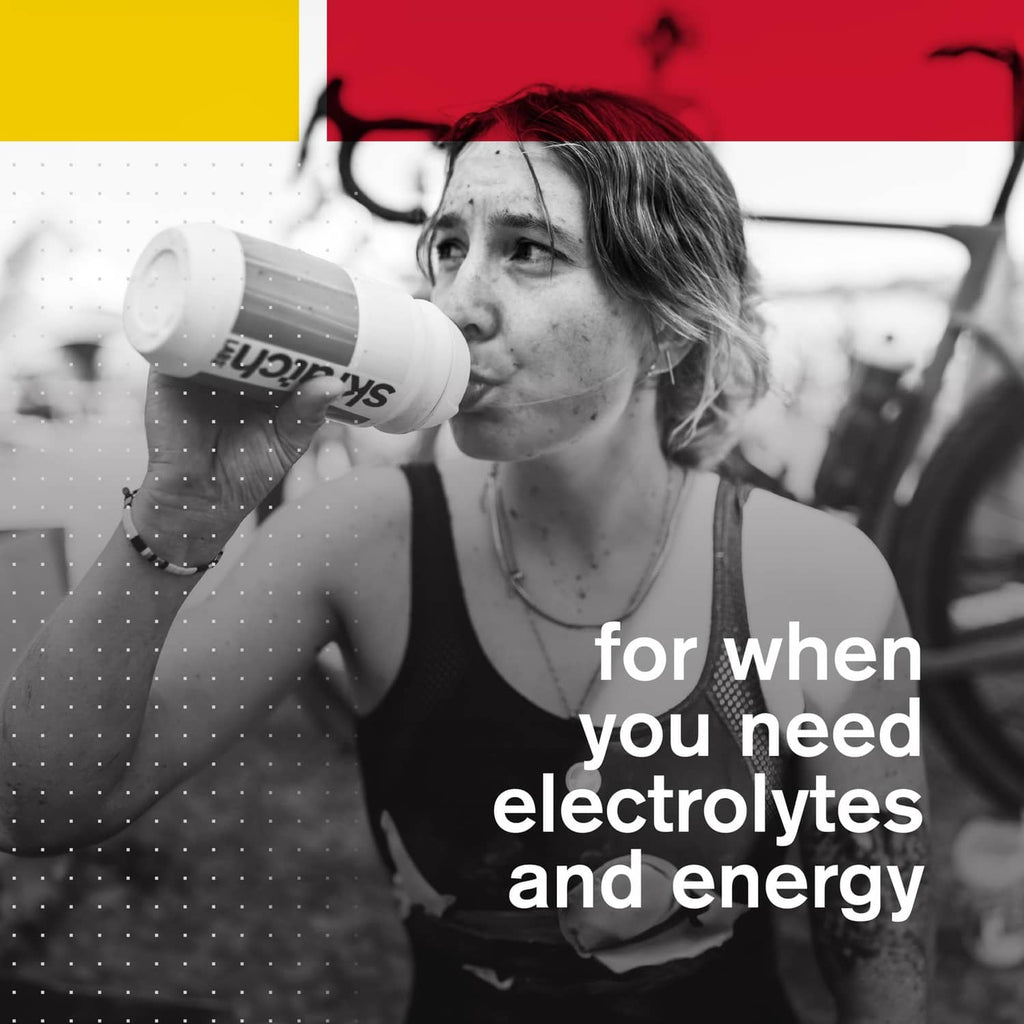 Person drinking from hydration shaker bottle with droplets and overlay text