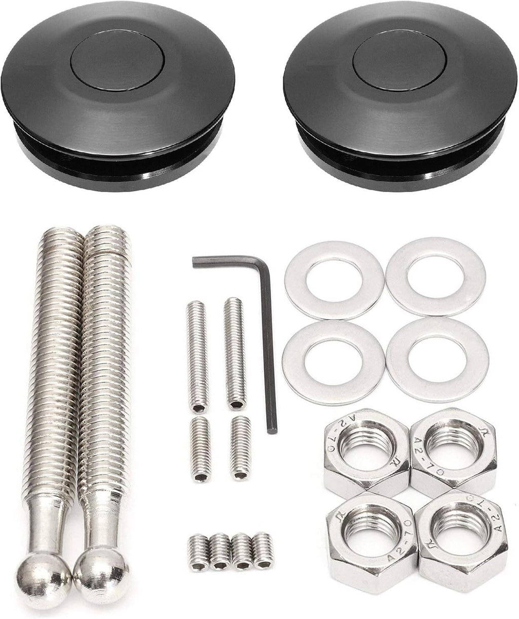 2-pack universal push-button latch kit with black bases, bolts, washers, and hex fasteners