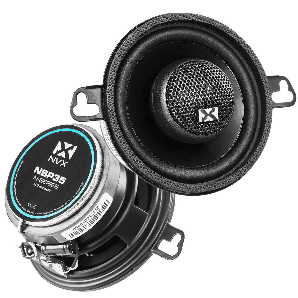 Black 3.5-inch 2-way coaxial car speaker with woofer and dome tweeter, front view