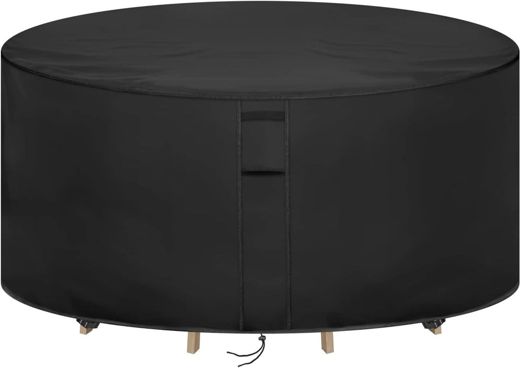Round black patio table cover with centered seam panel and bundled drawstring cord