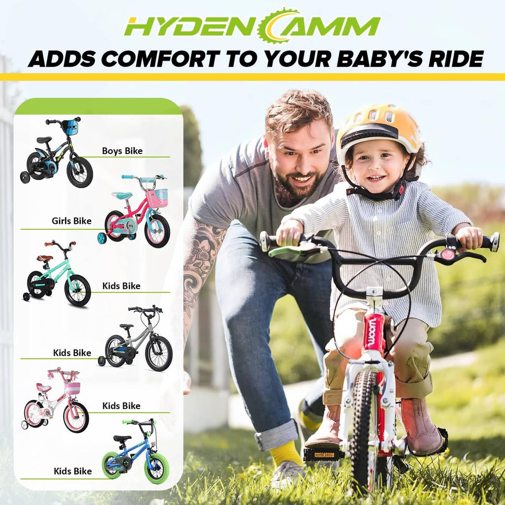Bike inner tube comfort graphic for kids’ rides with family cycling background