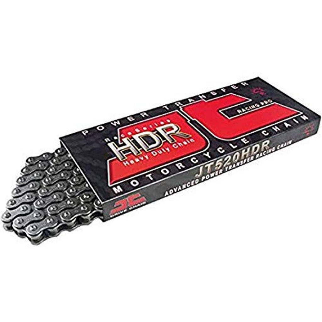 Black steel motorcycle chain with 102 links, angled view showing multiple link plates