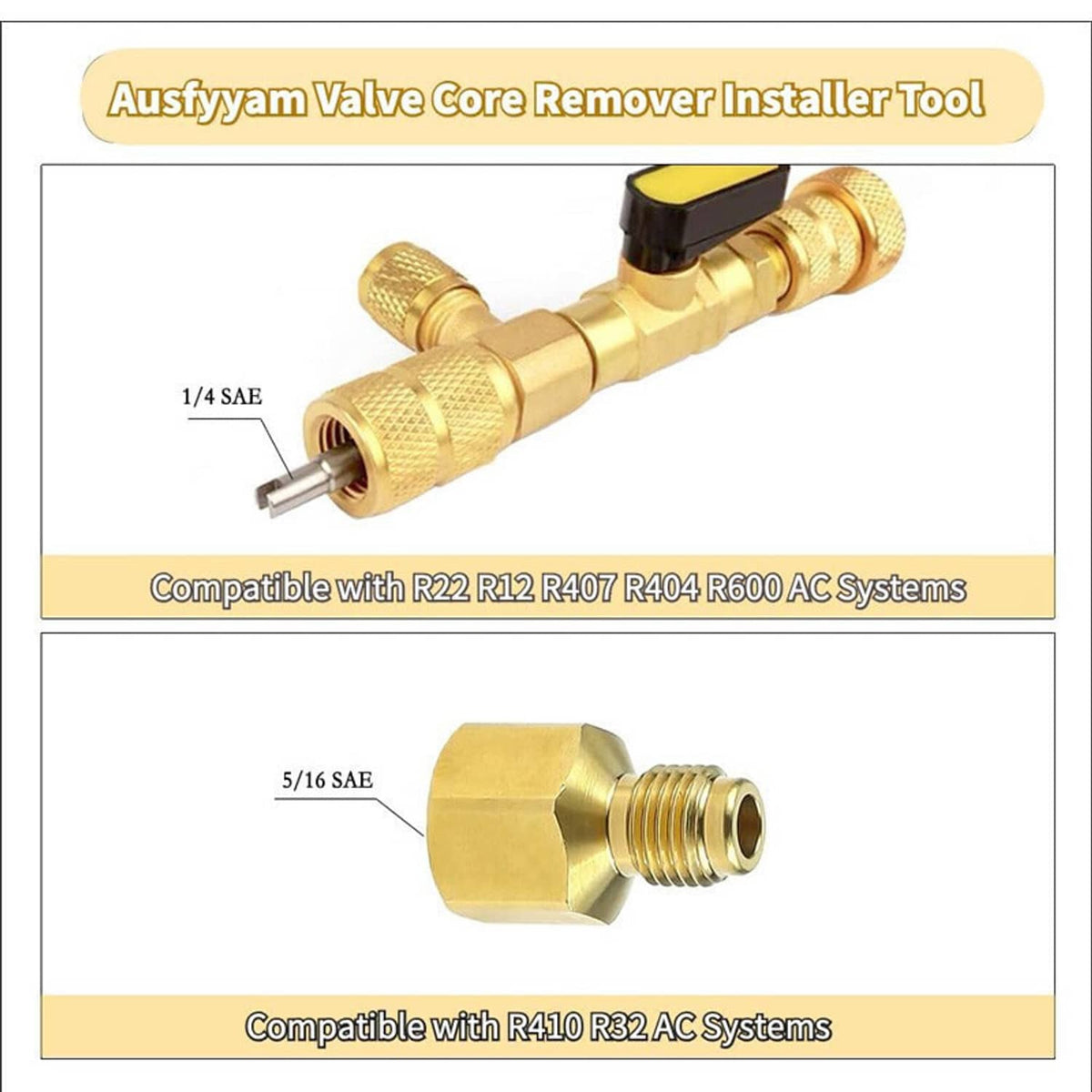 Brass valve core remover installer tool with 1/4 SAE and 5/16 SAE connection ends