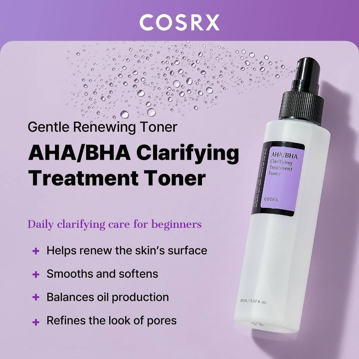 AHA/BHA clarifying treatment toner bottle with black pump and purple label