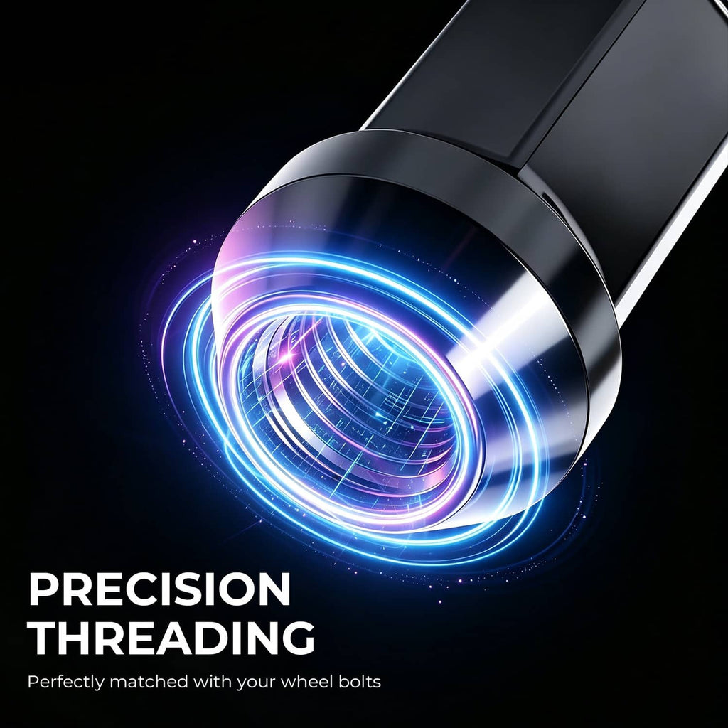 Black extended wheel lug nut with highlighted precision threads