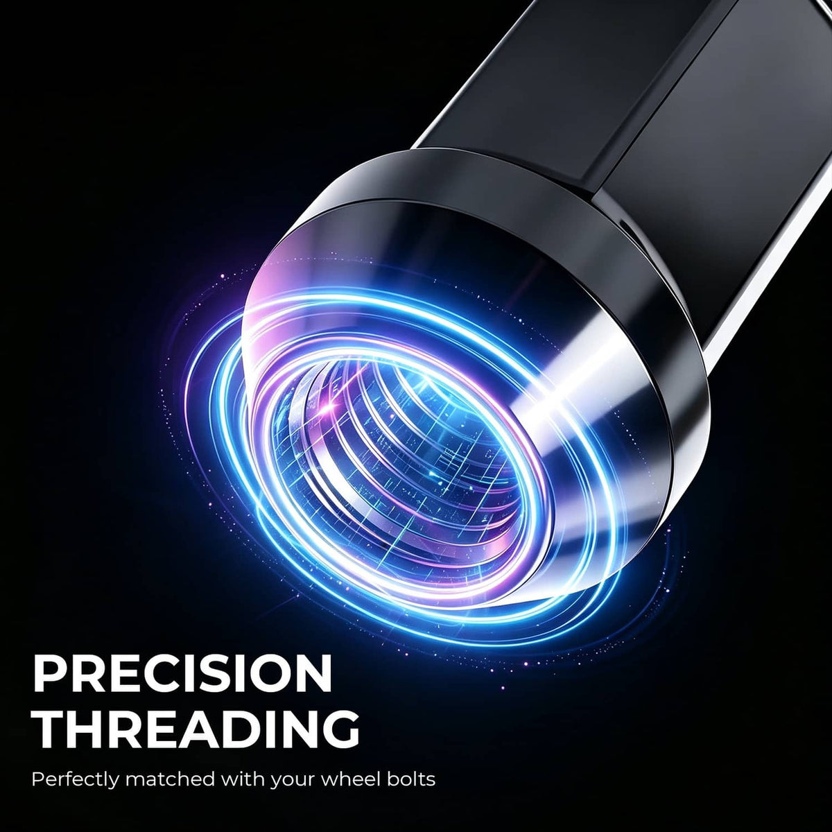 Black extended wheel lug nut with highlighted precision threads