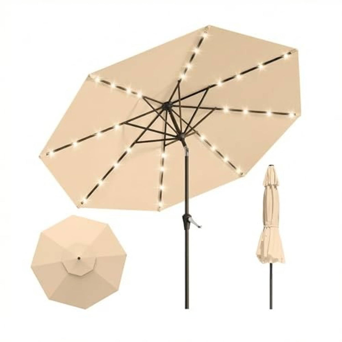 Khaki solar lighted patio umbrella with LED strip lights and dark ribs; closed base included.