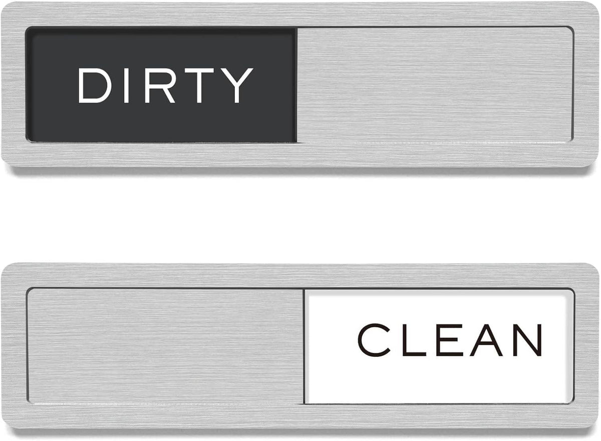 Dishwasher clean-dirty magnet sign showing “DIRTY” on a dark label panel