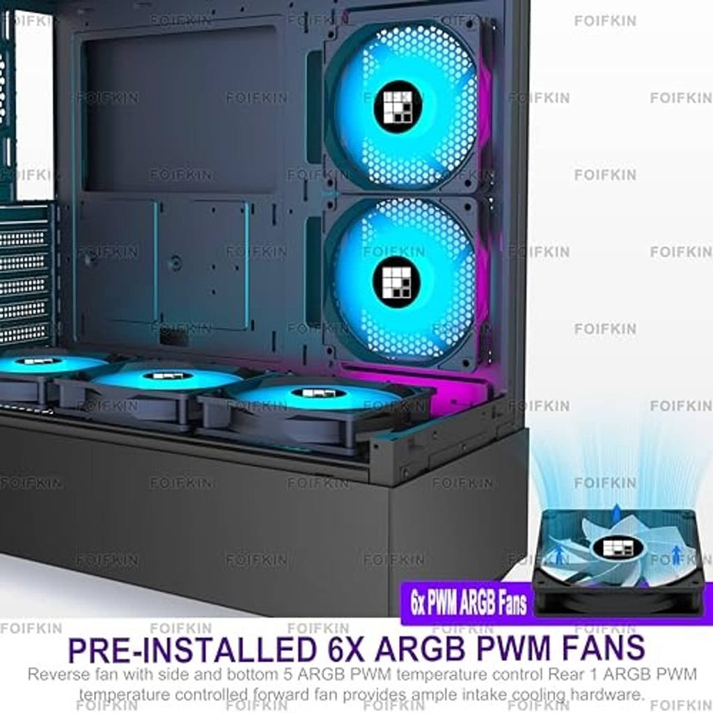 ATX mid-tower PC case interior view with stacked blue PWM ARGB fans