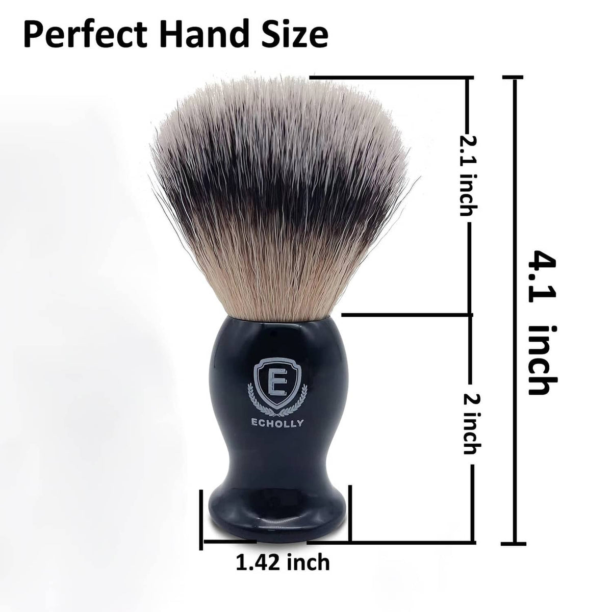 Men's shaving brush size diagram, black handle with dense bristles, 4.1 in high