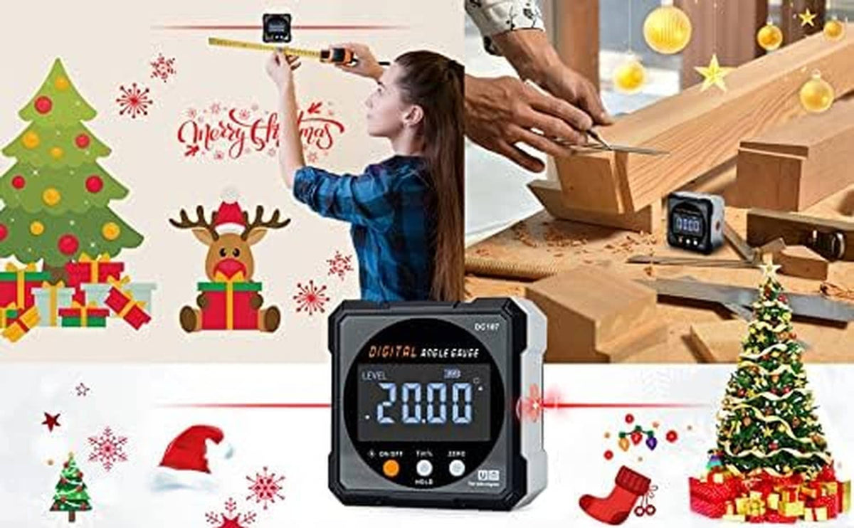 Digital angle finder gauge with LED angle readout placed near tools on a project board