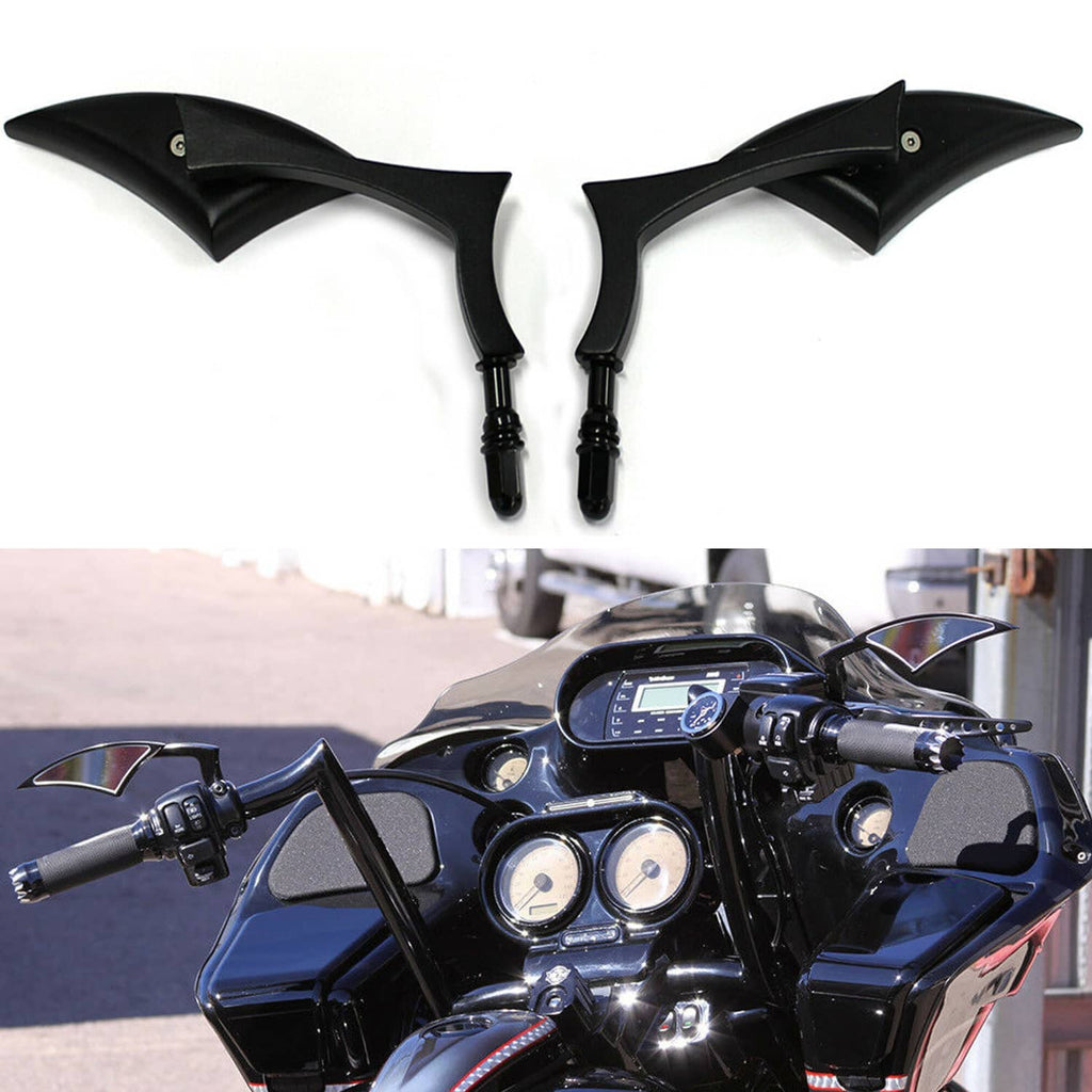 Black blade rear view mirrors mounted on a motorcycle handlebar