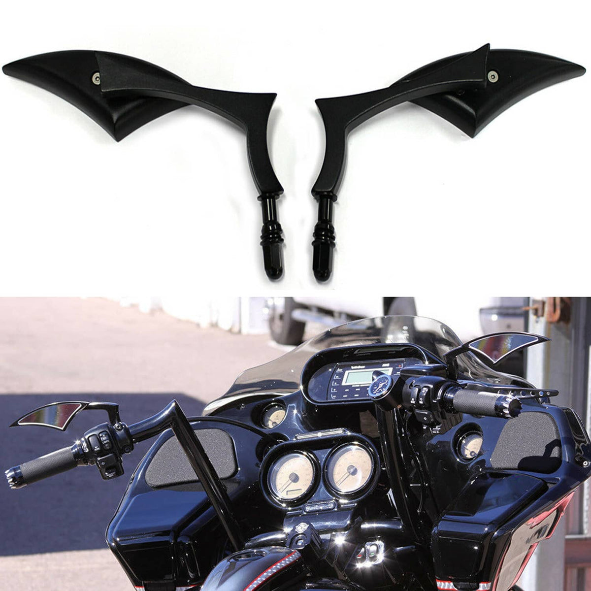 Black blade rear view mirrors mounted on a motorcycle handlebar