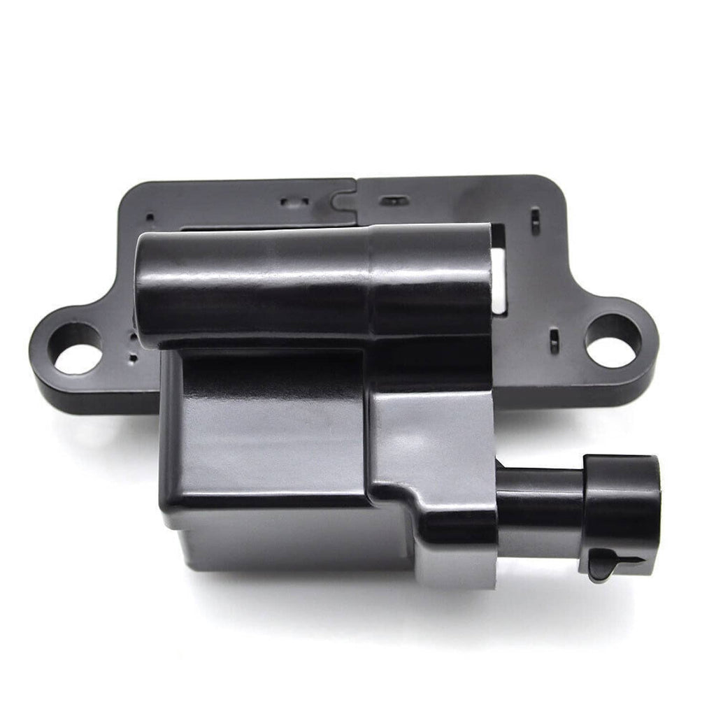 Gray ignition coil module with black electrical connector and mounting ears