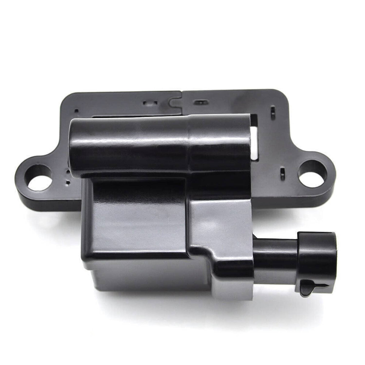 Gray ignition coil module with black electrical connector and mounting ears