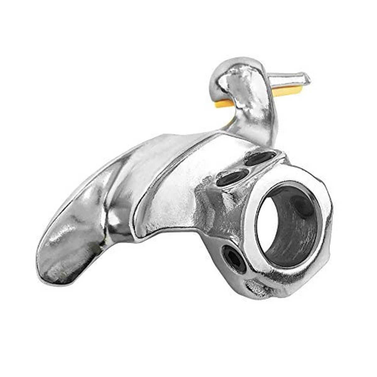 Tire changer duck head tool angled view with oval mount hole and yellow lever end