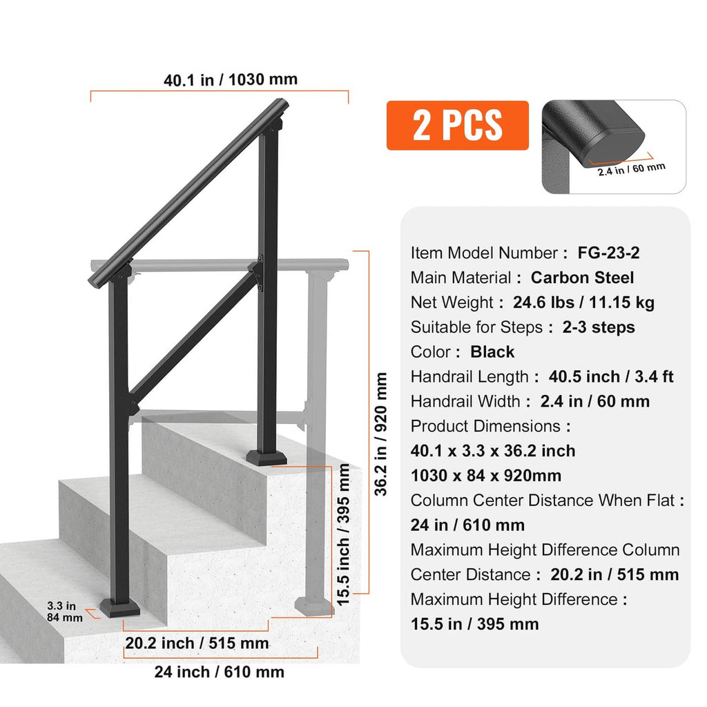 Black carbon steel stair handrail set with upright posts and diagonal braces