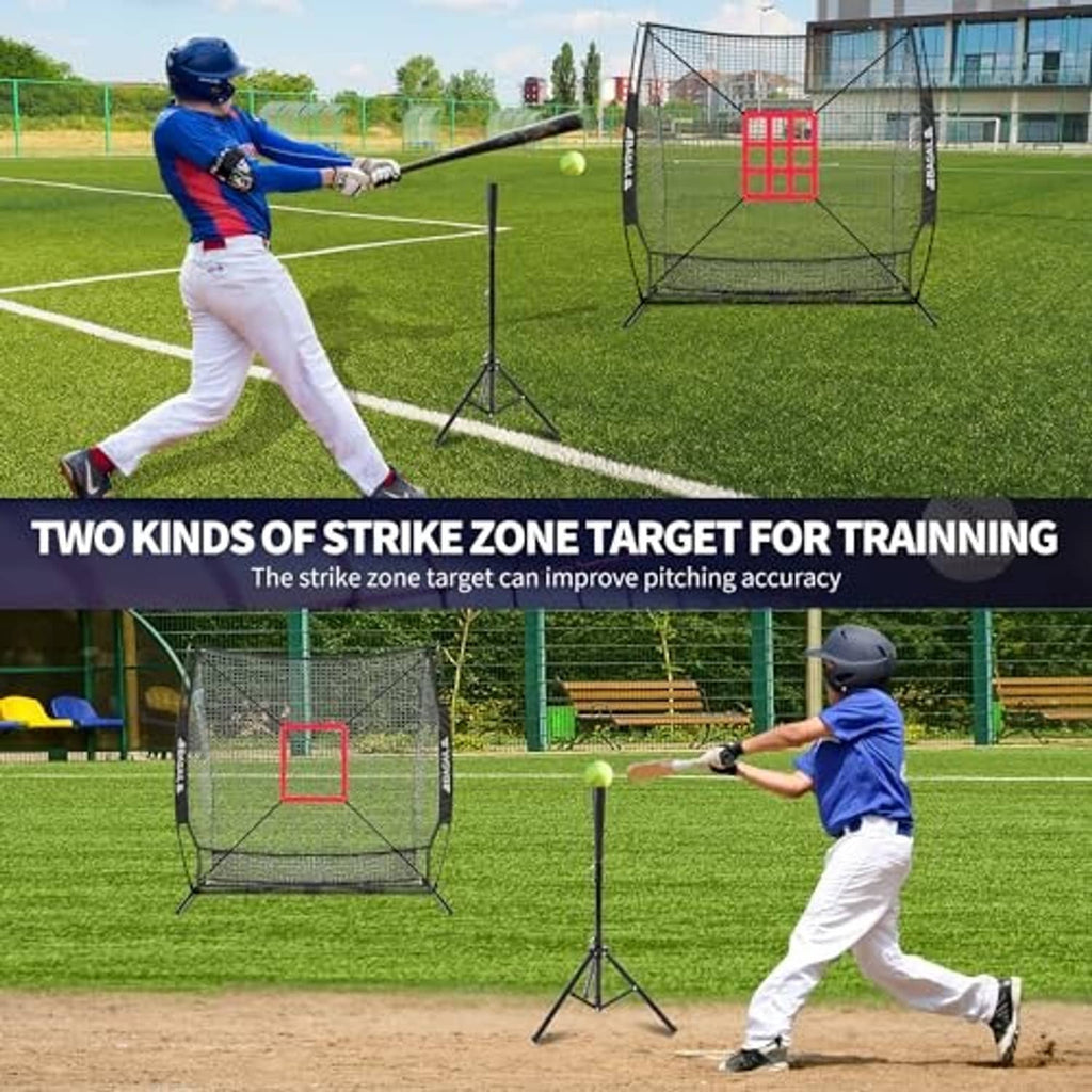 Strike zone training net on tripod stand with red square target in outdoor field