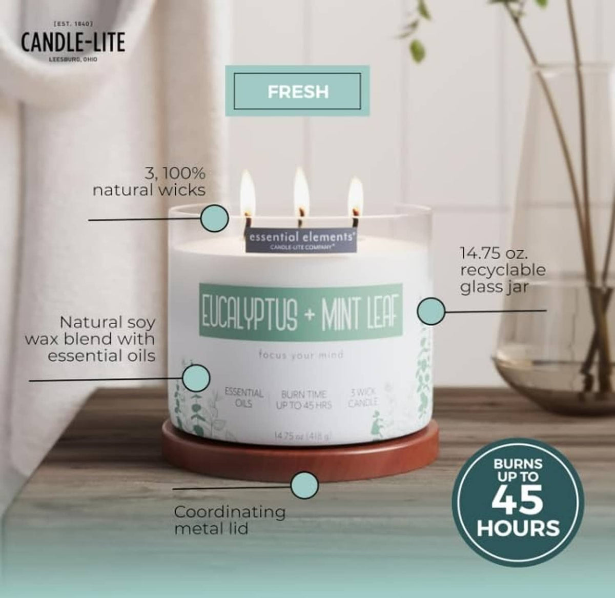 Eucalyptus mint leaf three-wick candle with frosted white jar and metal lid
