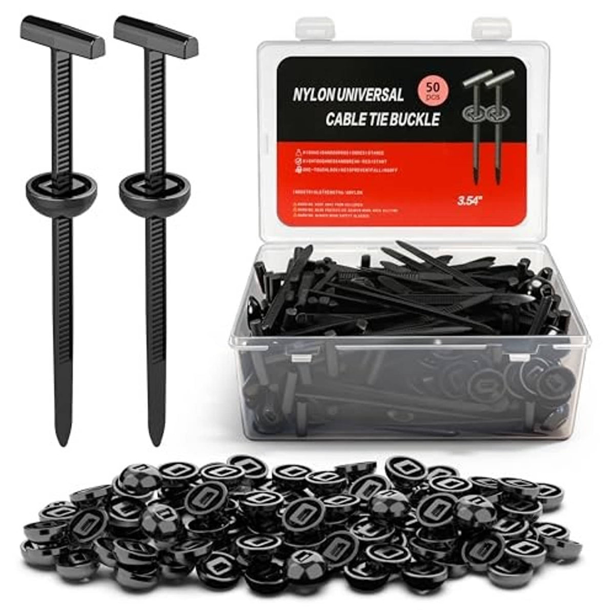 Black nylon cable ties with buckle heads, 50-piece set in clear storage box