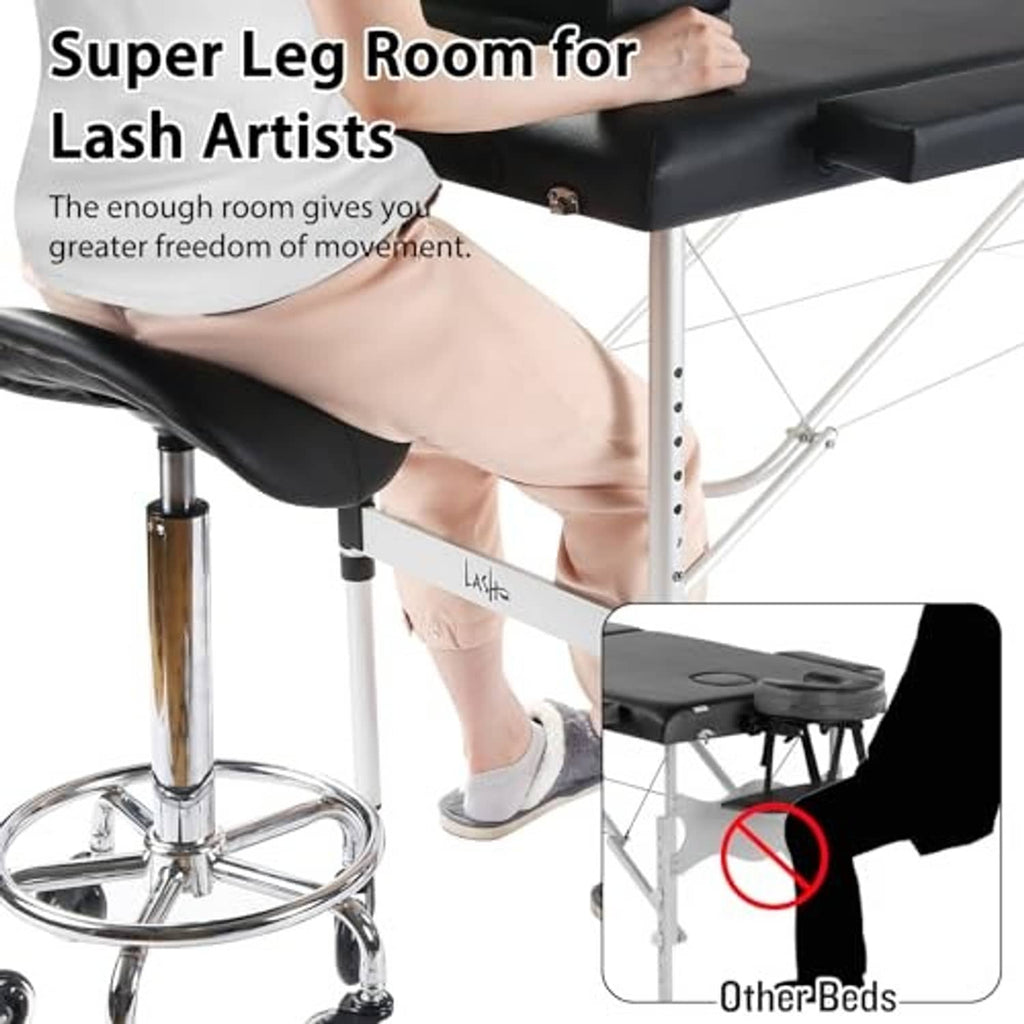 Black portable lash bed with extra legroom and padded headrest for esthetic sessions