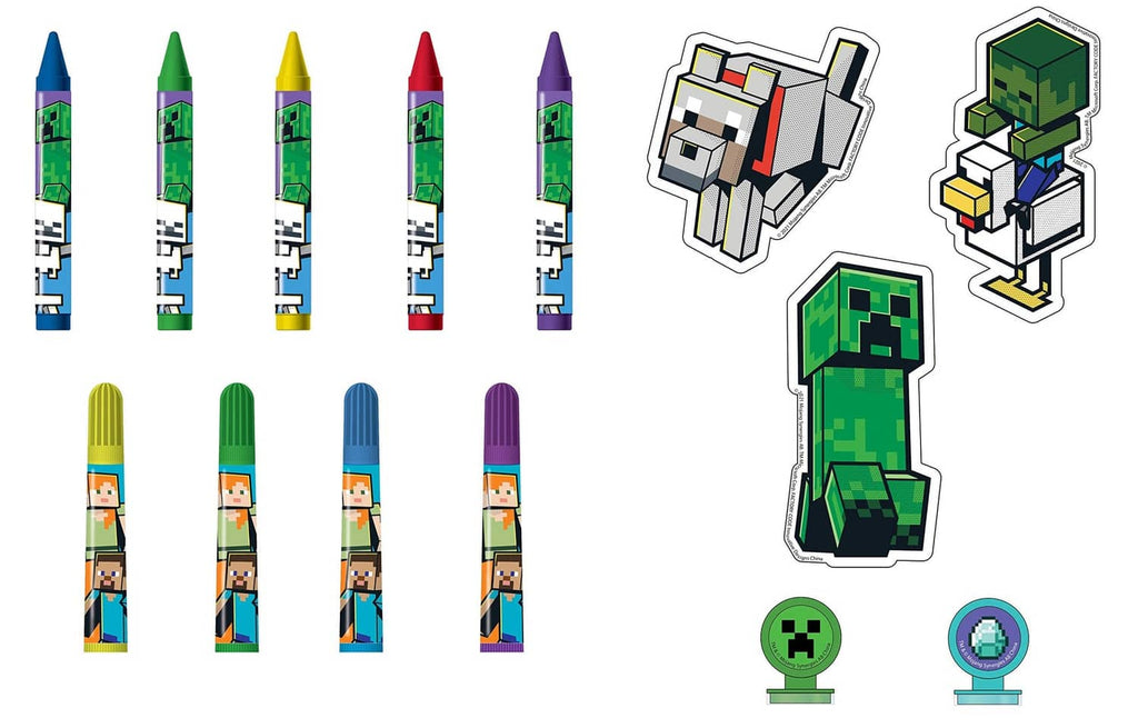 Art kit tools and character sticker cutouts, including colored crayons and markers