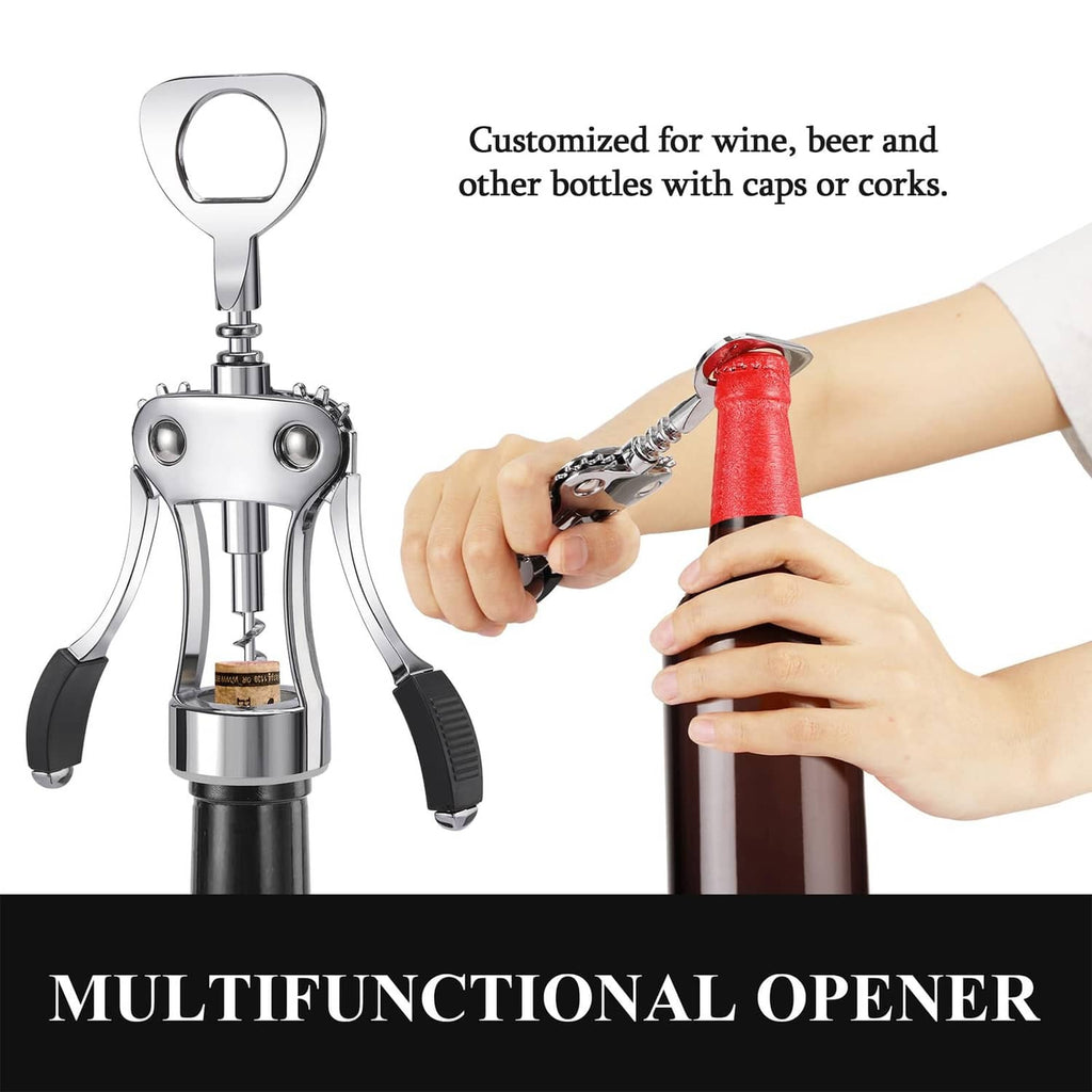 Silver wing corkscrew in use, removing a red cork from a bottle