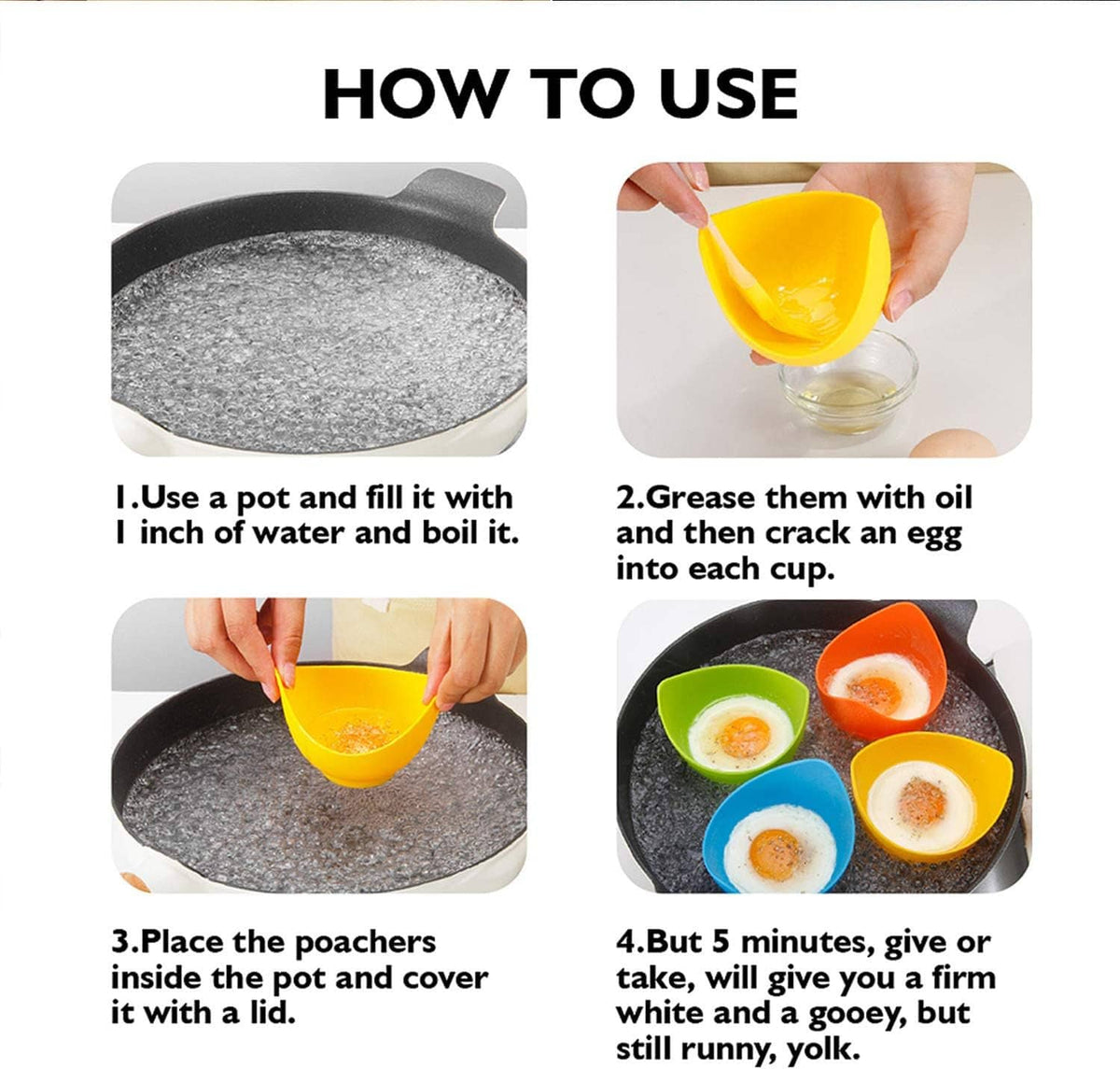 Silicone egg poacher cups shown in a pot, filling and releasing poached eggs