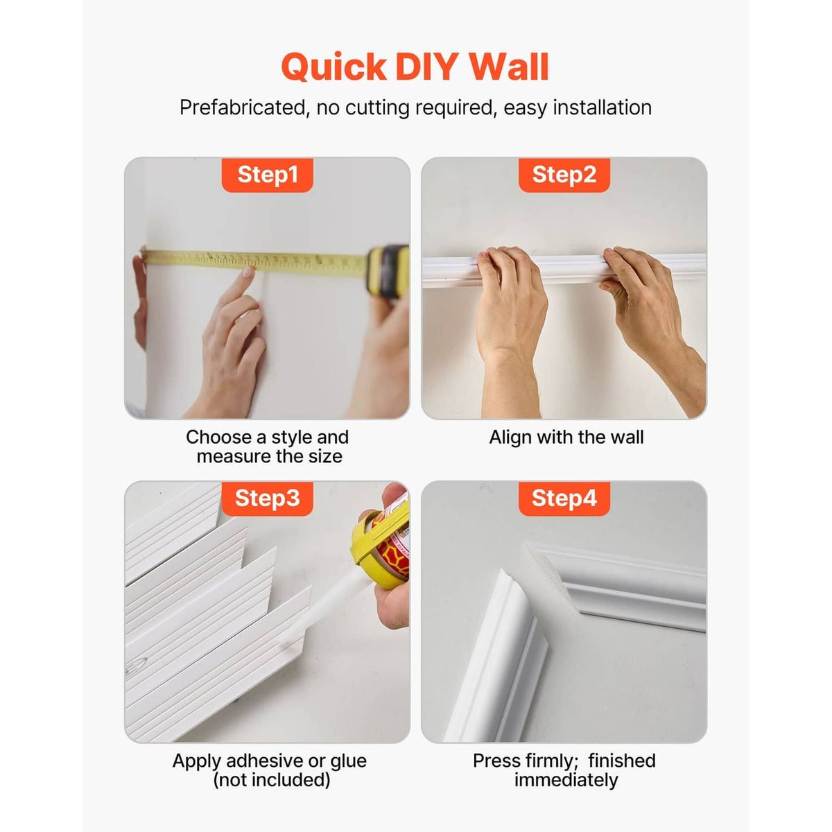 White decorative wall molding kit showing DIY installation steps on a smooth wall