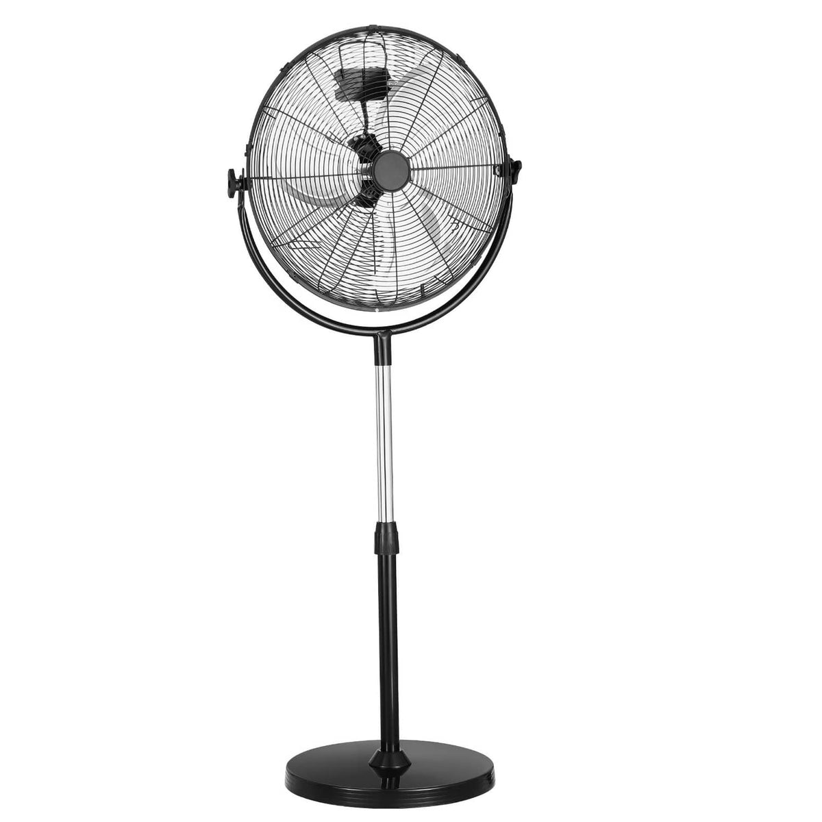 Standing pedestal fan with round metal grill, adjustable pole, and dark base