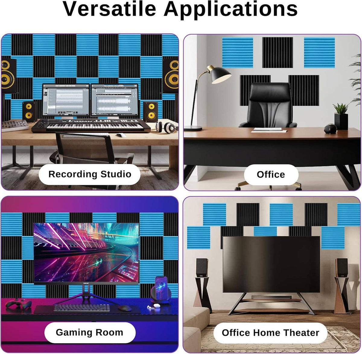 Acoustic foam panels shown in recording studio, office, gaming, and home theater setups