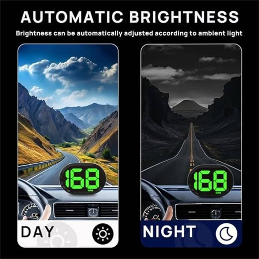 HUD speedometer with automatic brightness, green MPH display for day and night