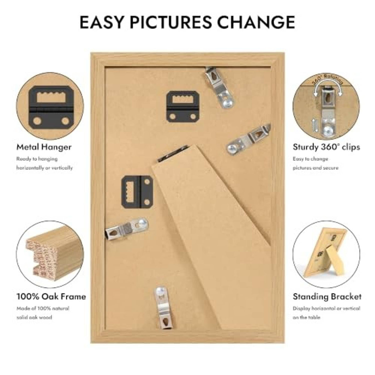 Oak 5x8 picture frame back with metal hangers and folding clips for mounting