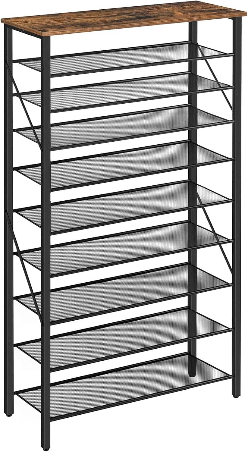 10-tier shoe rack organizer with black metal frame and gray fabric shelves, wooden top.