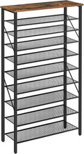 10-tier shoe rack organizer with black metal frame and gray fabric shelves, wooden top.