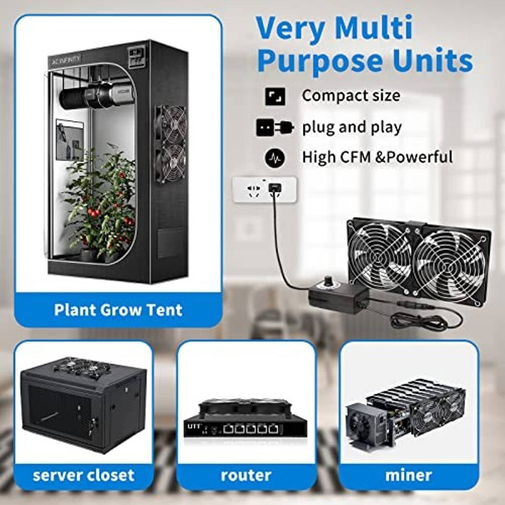 Dual 120mm computer fans with speed controller and cables for versatile cooling