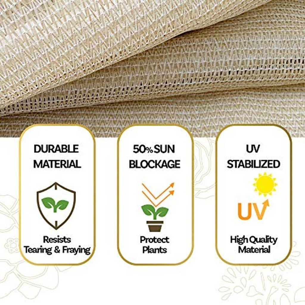 Beige HDPE shade cloth mesh with stitched edging and black binding