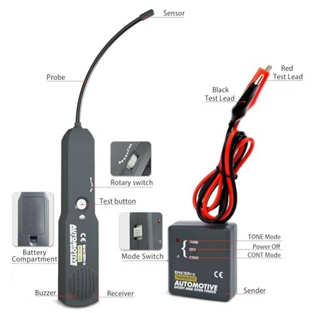 Automotive circuit tester sender/receiver base with red and black test leads and probe