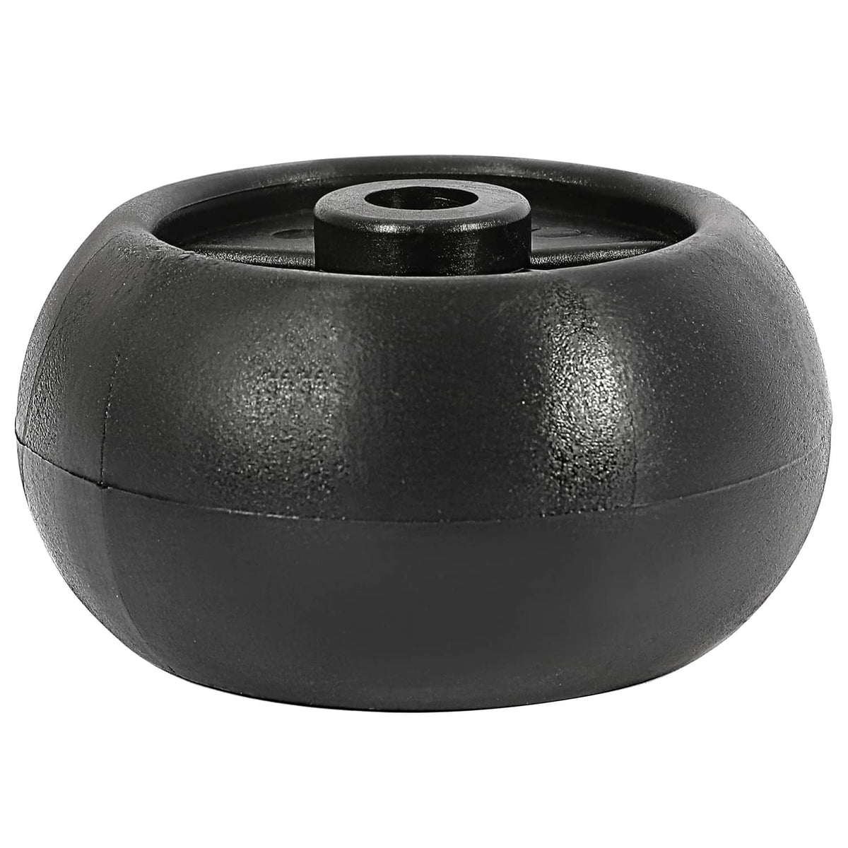 Single black deck wheel with raised center hub and circular axle opening